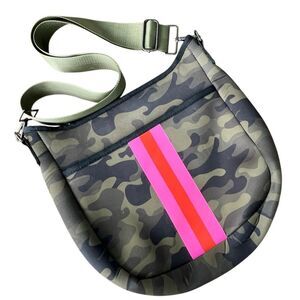 Haute Shore “Drew” Neoprene Crossbody – Camo with Pink Neon Stripe